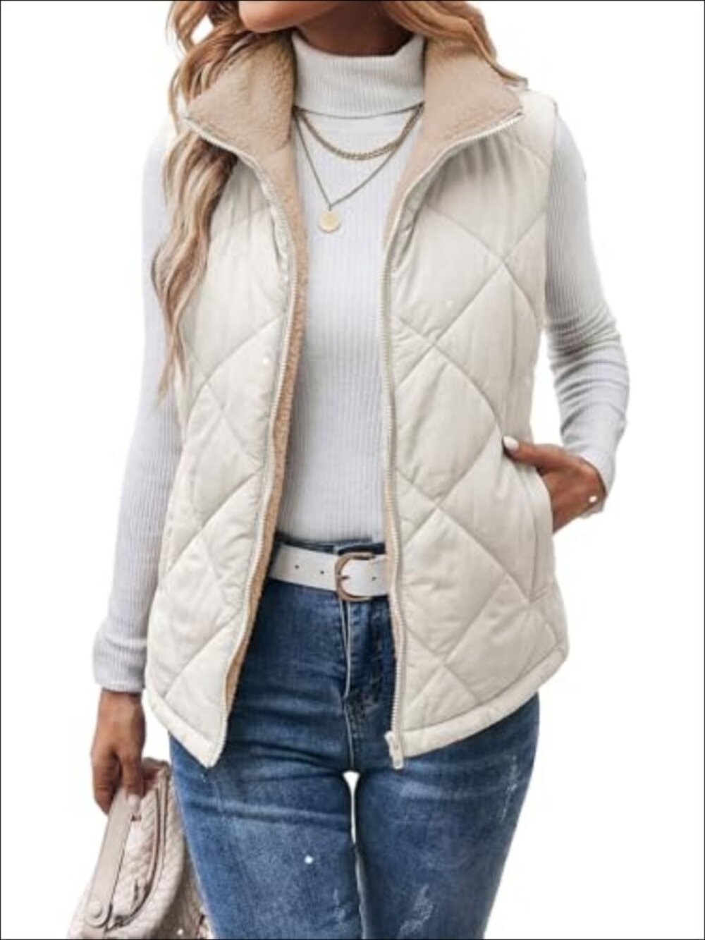 Quilted Sherpa Fleece Vest Stand Collar Zip Up Puffer Sleeveless Jacket